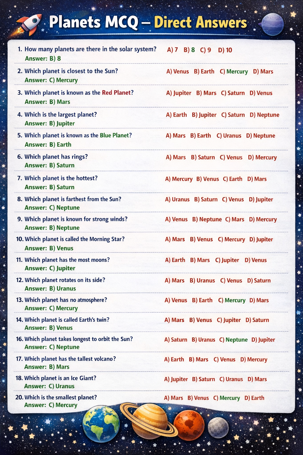 Planets MCQ – Direct Answers quiz on planets